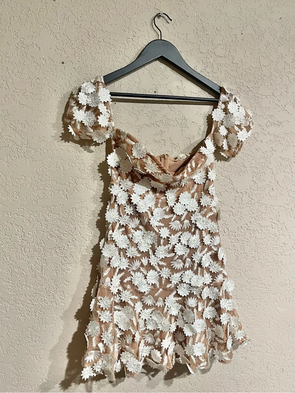 For Love & Lemons | 3D Floral Nude Mesh Off Shoulder Mini Dress - Picture 4 of 8